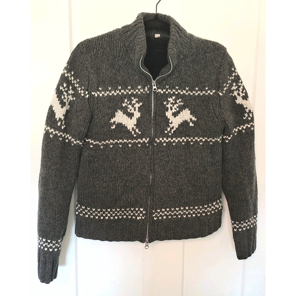 Uniqlo Nordic Reindeer Knit Sweater Jacket Fleece Lined 70% Wool Gray Women's M